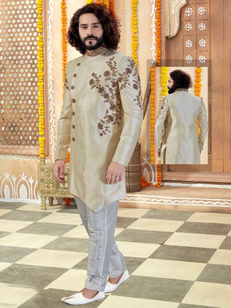 Light Golden Yellow Silk Embroidered Wedding Sherwani