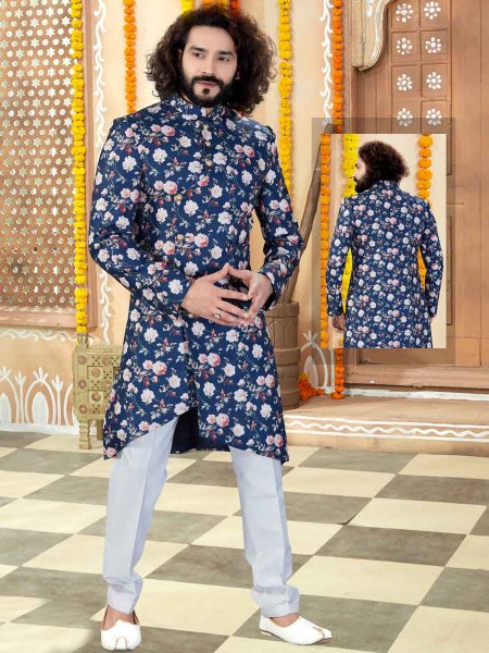 Navy Blue Silk Printed Wedding Sherwani