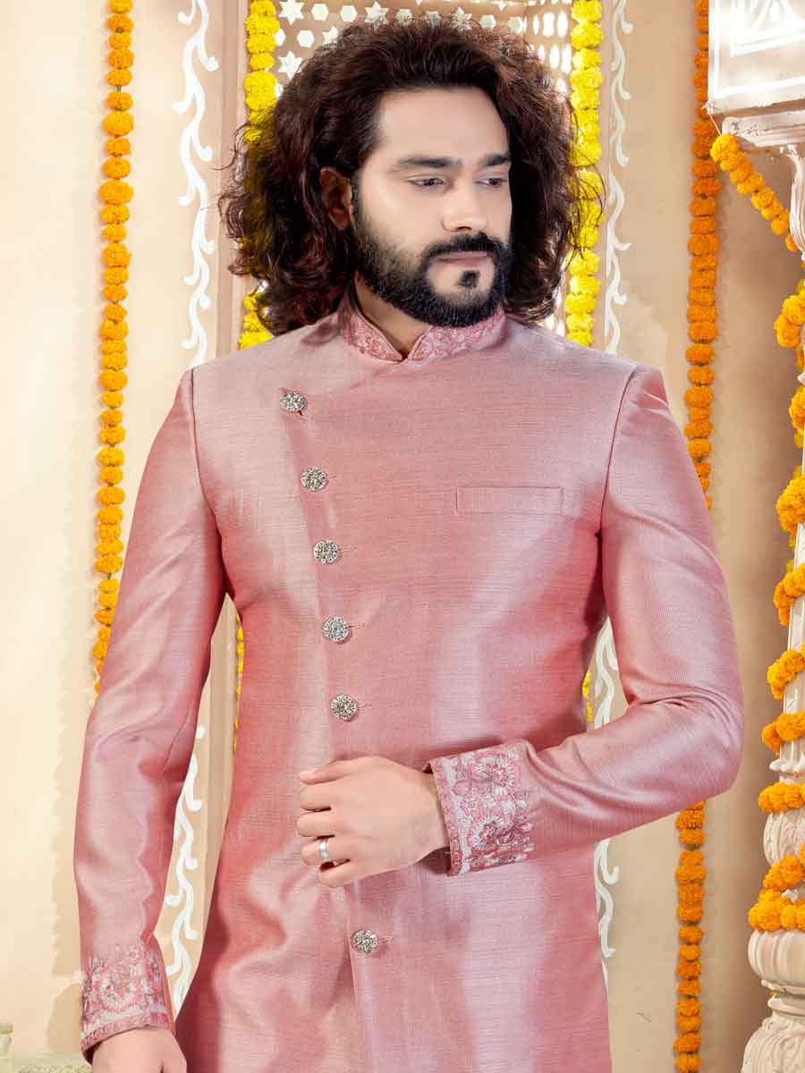 Light Pink Art Silk Printed Wedding Sherwani