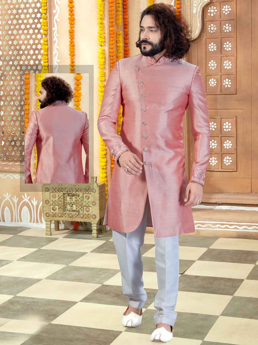 Light Pink Art Silk Printed Wedding Sherwani