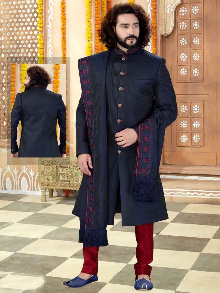 Navy Blue Banarasi Silk Plain Wedding Sherwani