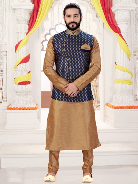 Tan Brown Art Silk Plain Fastival Kurta with Waistcoat