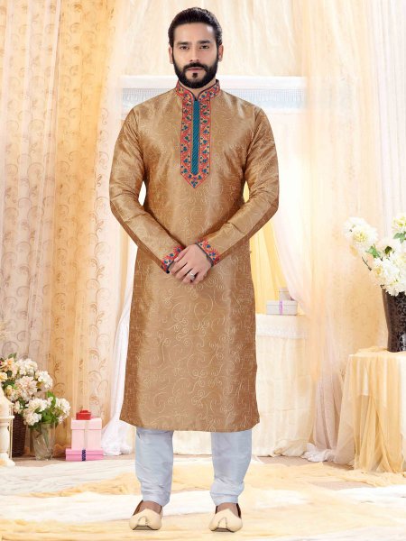 Fallow Brown Art Silk Embroidered Festival Kurta