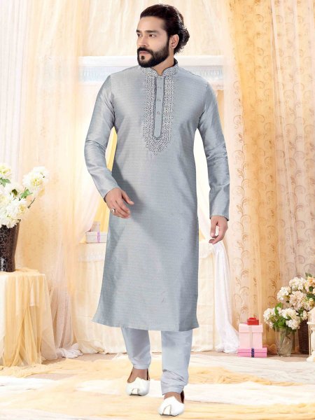 Slate Grey Jacquard Embroidered Festival Kurta
