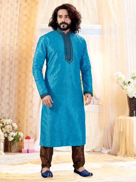 Cerulean Blue Art Silk Embroidered Festival Kurta