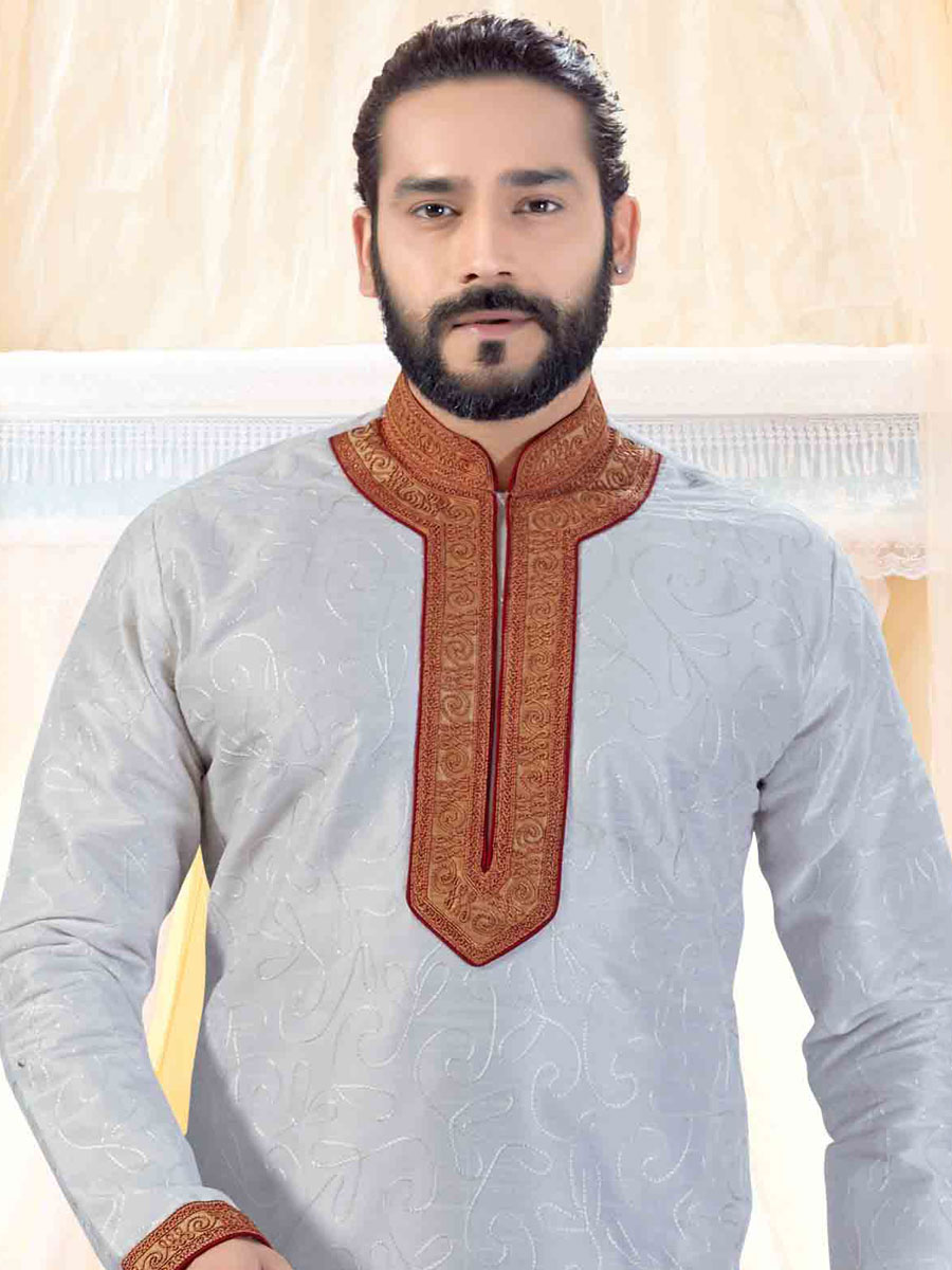 Off-White Art Silk Embroidered Festival Kurta