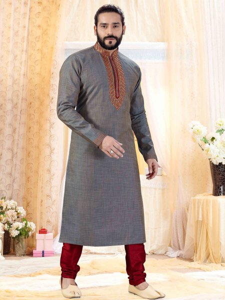 Grey Cotton Silk Embroidered Festival Kurta