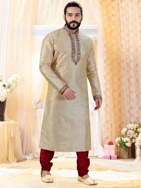 Golden Yellow Art Silk Embroidered Festival Kurta