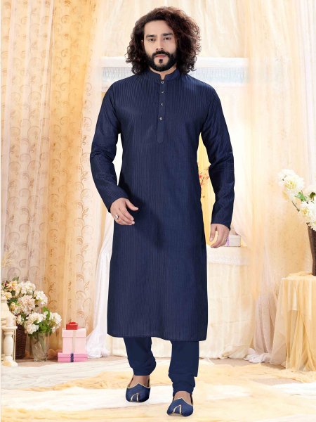 Navy Blue Cotton Silk Plain Festival Kurta