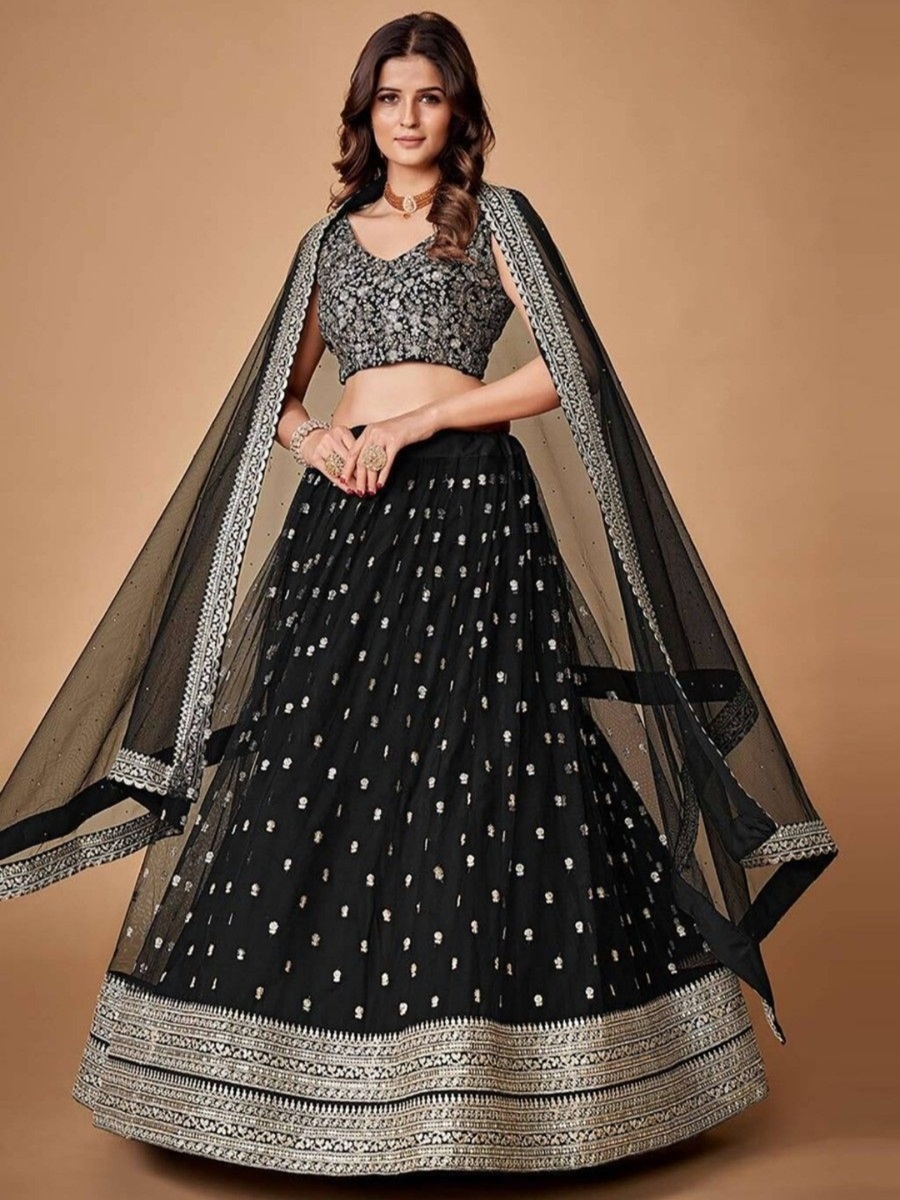 Black Heavy Net Embroidered Festival Wedding Circular Lehenga Choli