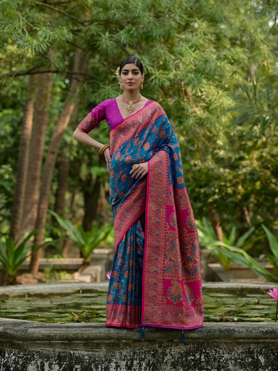 Firozi Soft Pashmina Silk Zari Handwoven Casual Reception Festival Wedding Fancy Classic Heavy Border Sarees