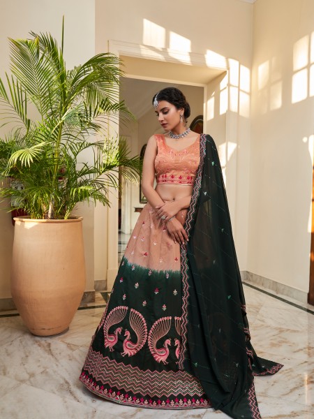 Multi Art Silk Embroidered Bridesmaid Wedding Heavy Border Lehenga Choli