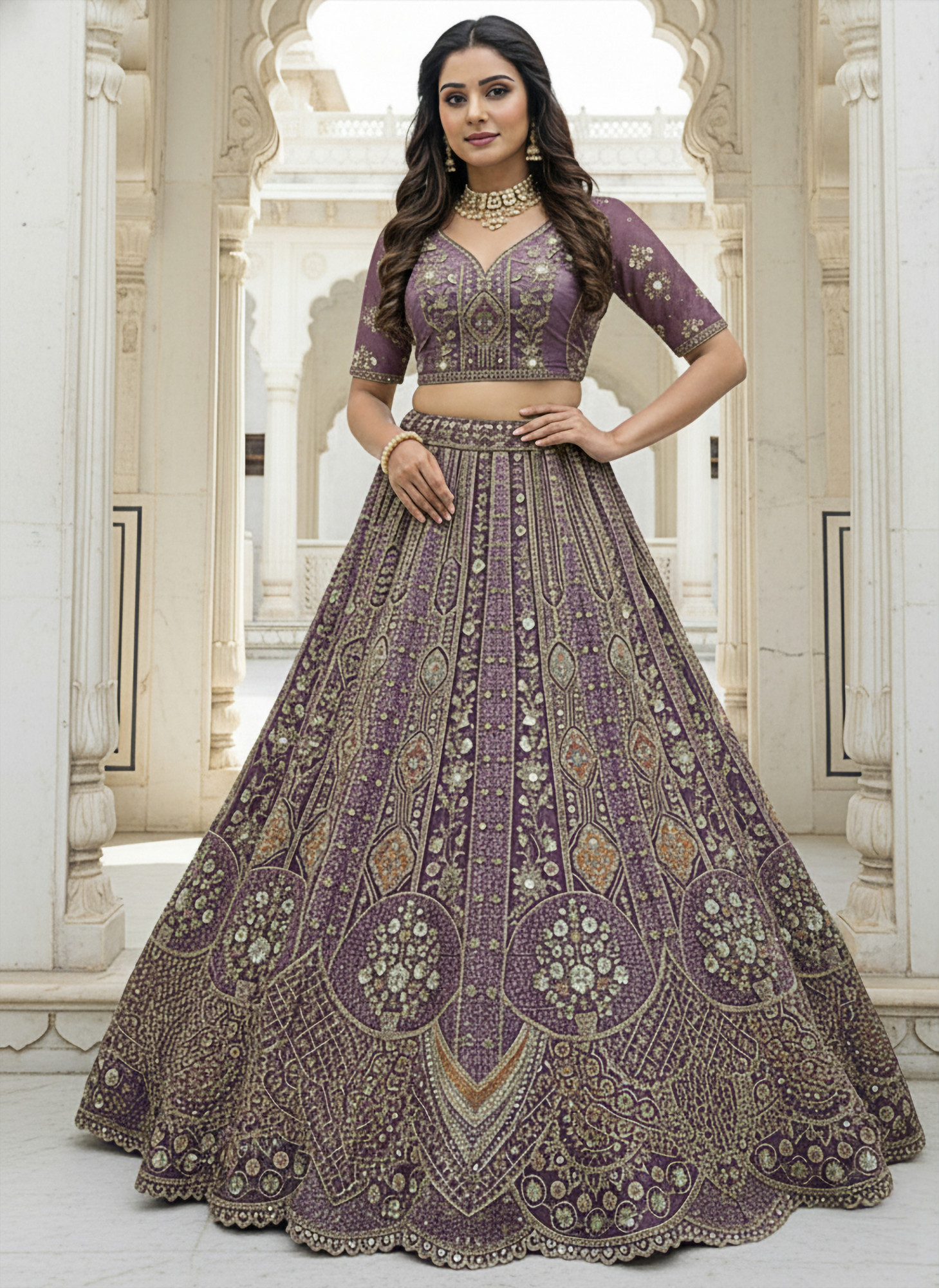 Lavender Premium Organza Embroidery Wedding Reception Festival Party Wear Heavy Border Lehenga Choli