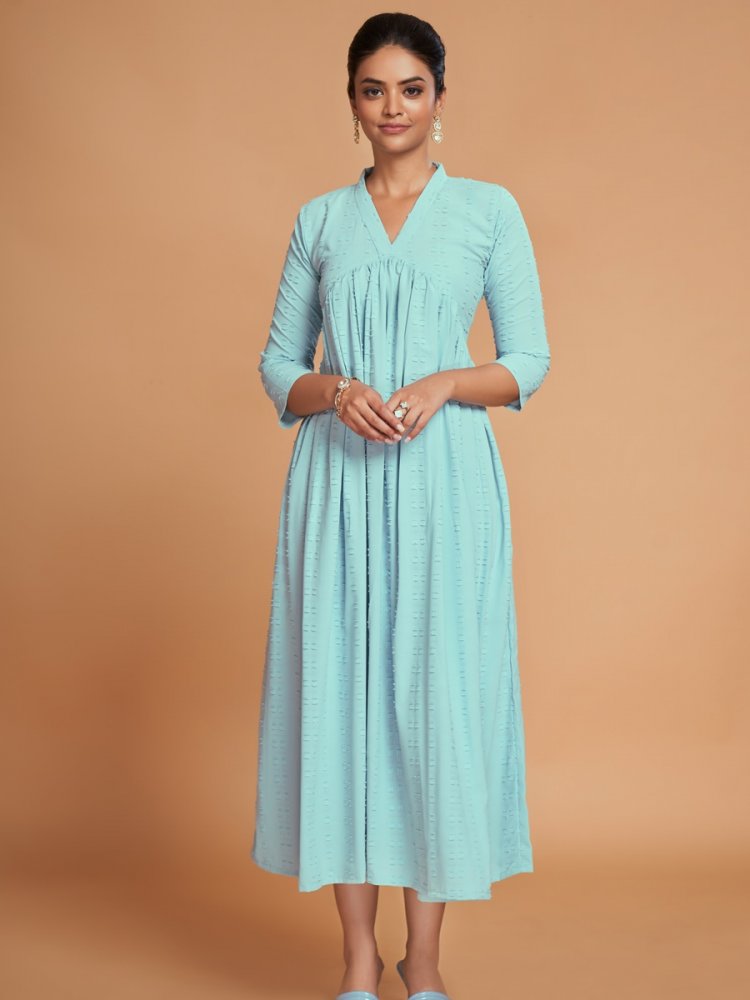 Sky Blue Georgette Handwoven Festival Casual Kurti