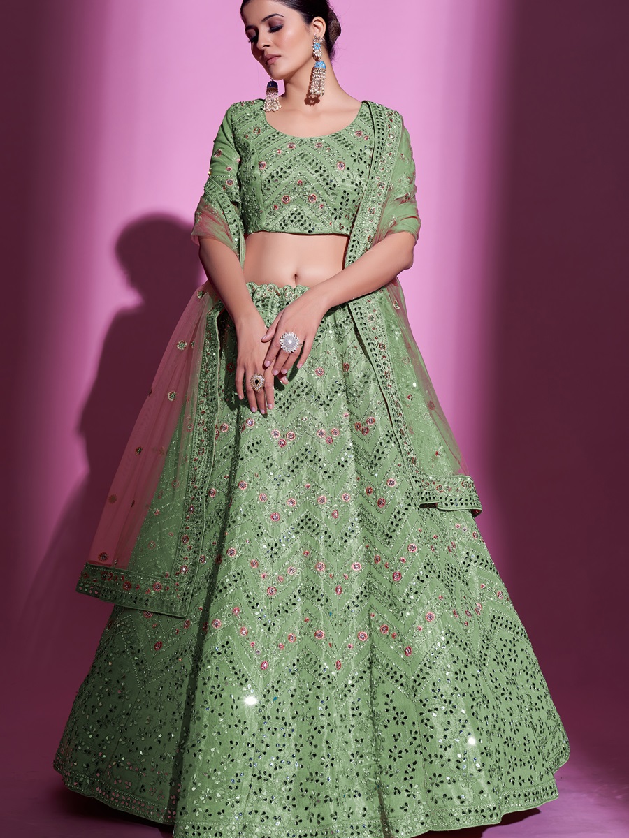 Pista Green Gota Silk Embroidered Bridal Wedding Heavy Border Lehenga Choli