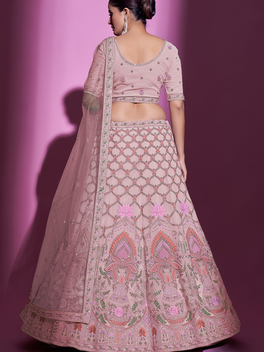 Peach Georgette Embroidered Bridal Wedding Heavy Border Lehenga Choli