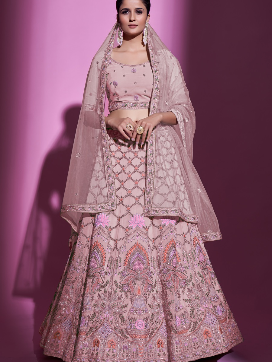 Peach Georgette Embroidered Bridal Wedding Heavy Border Lehenga Choli