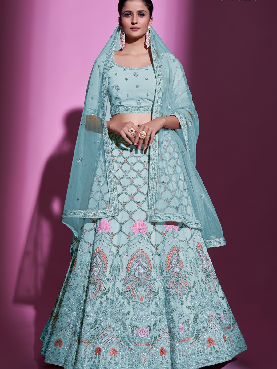 Firozi Georgette Embroidered Bridal Wedding Heavy Border Lehenga Choli