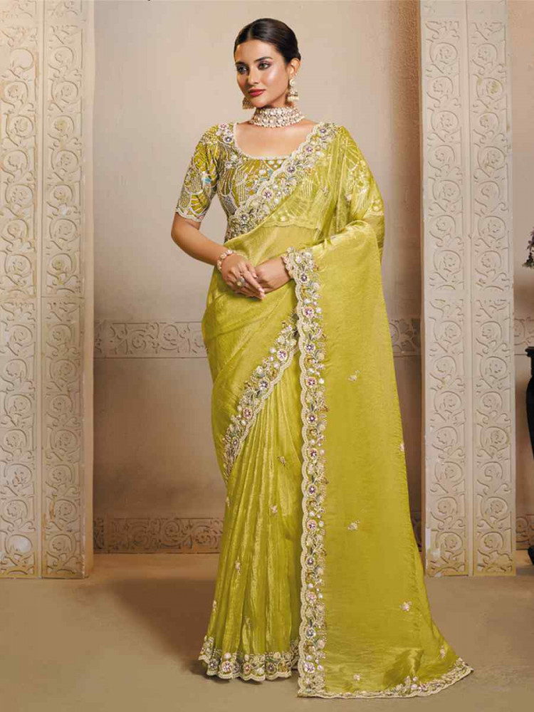 Image of Yellow Organza Satin Embroidery Traditional Bridal Reception Festival Wedding Fancy Heavy Border Saree