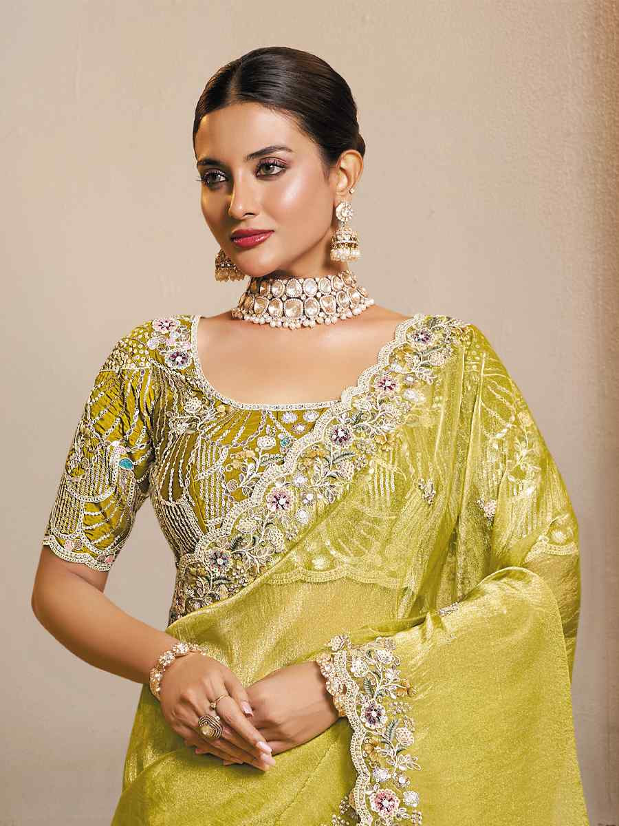 Yellow Organza Satin Embroidery Traditional Bridal Reception Festival Wedding Fancy Heavy Border Saree