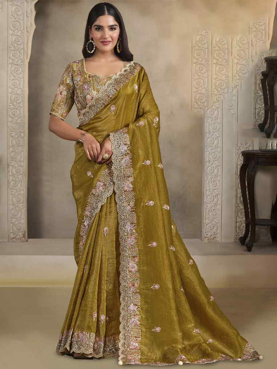 Mahendi Green Crush Paper Silk Embroidery Traditional Bridal Reception Festival Wedding Fancy Heavy Border Saree