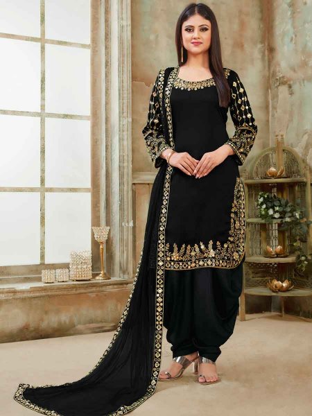 Black Art Silk Party Embroidered Patiala Kameez