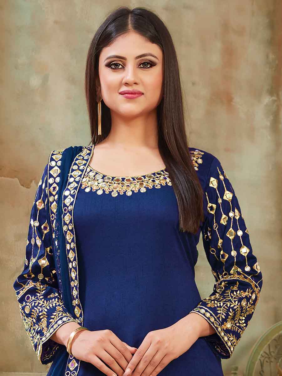 Midnight blue Art Silk Party Embroidered Patiala Kameez
