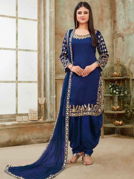 Midnight blue Art Silk Party Embroidered Patiala Kameez