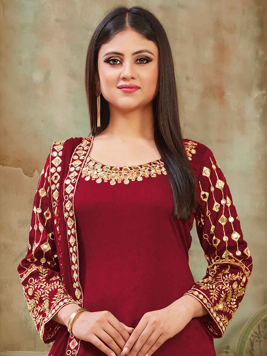 Maroon Art Silk Party Embroidered Patiala Kameez