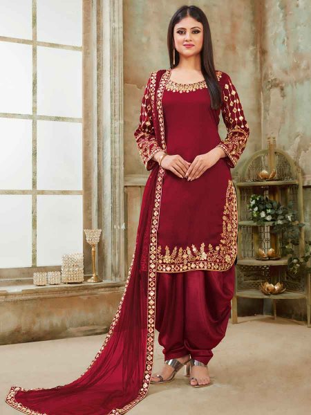 Maroon Art Silk Party Embroidered Patiala Kameez