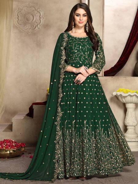 Hunter Green Faux Georgette Embroidered Party Lawn Kameez