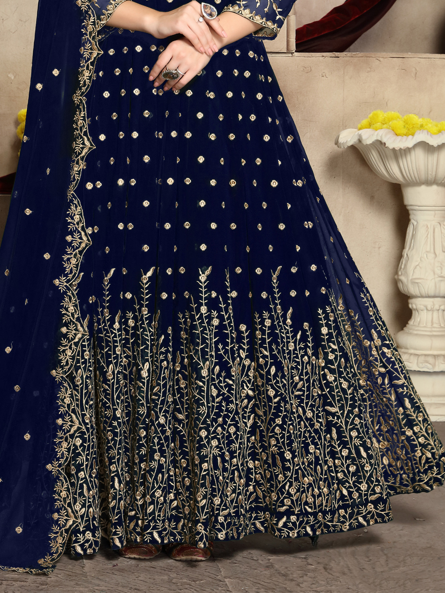 Sapphire Blue Faux Georgette Embroidered Party Lawn Kameez