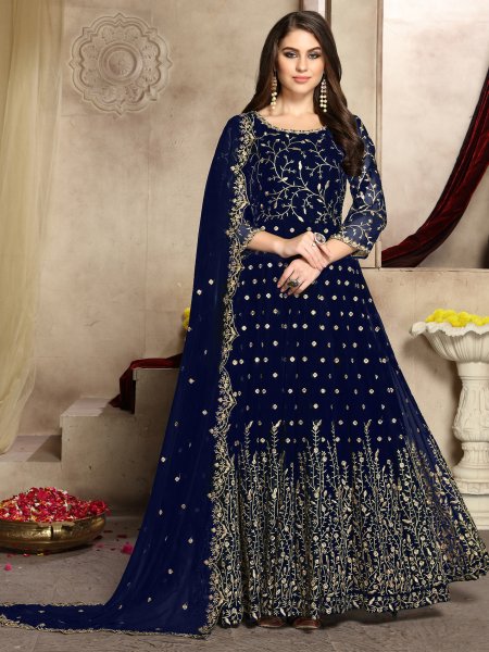 Sapphire Blue Faux Georgette Embroidered Party Lawn Kameez