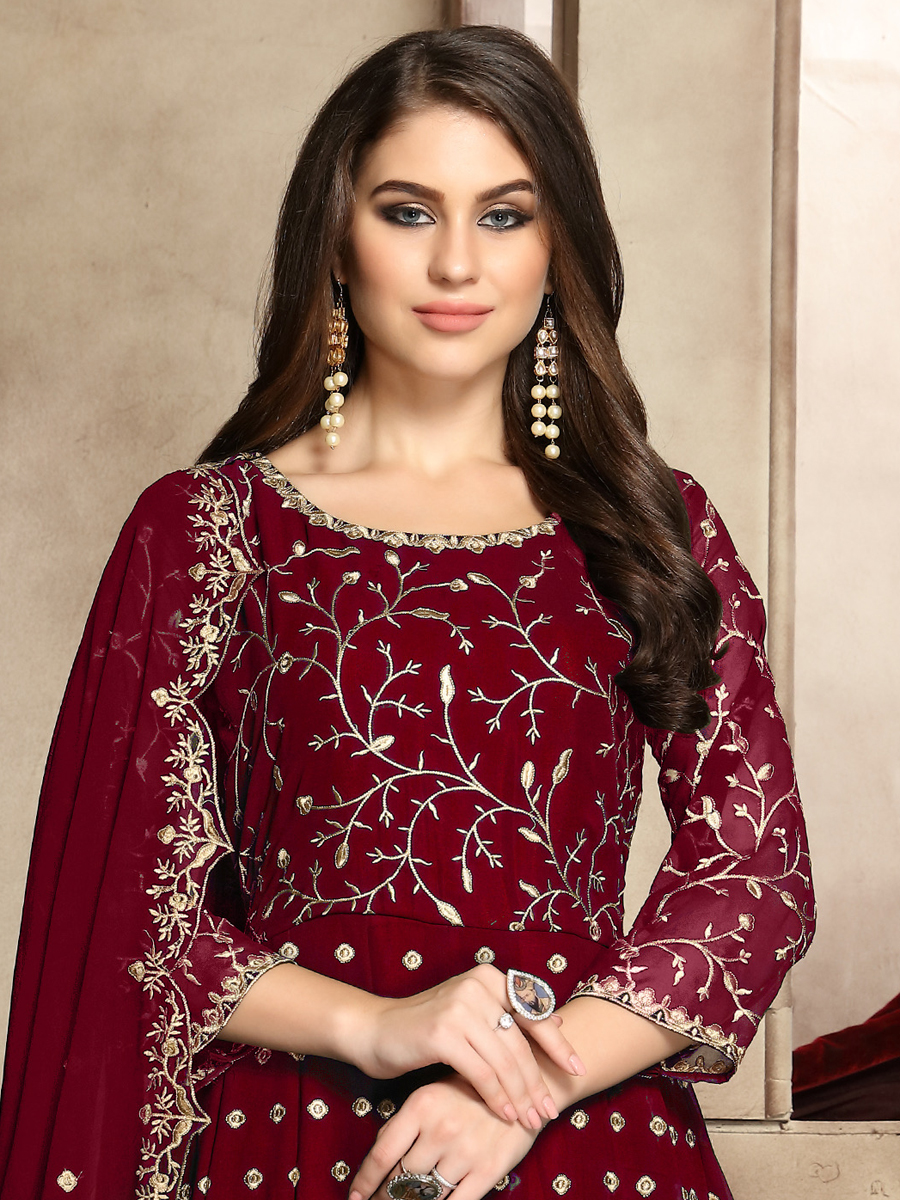 Maroon Faux Georgette Embroidered Party Lawn Kameez