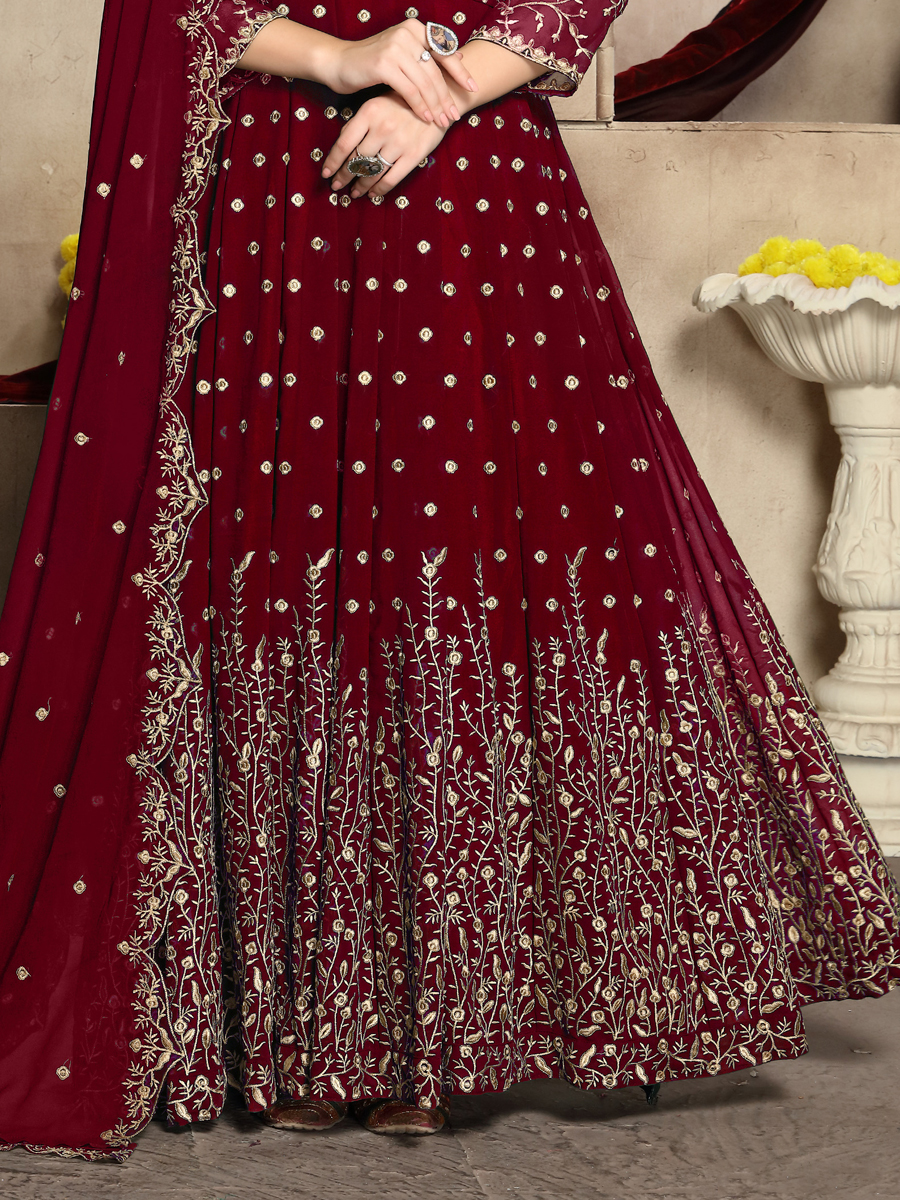 Maroon Faux Georgette Embroidered Party Lawn Kameez