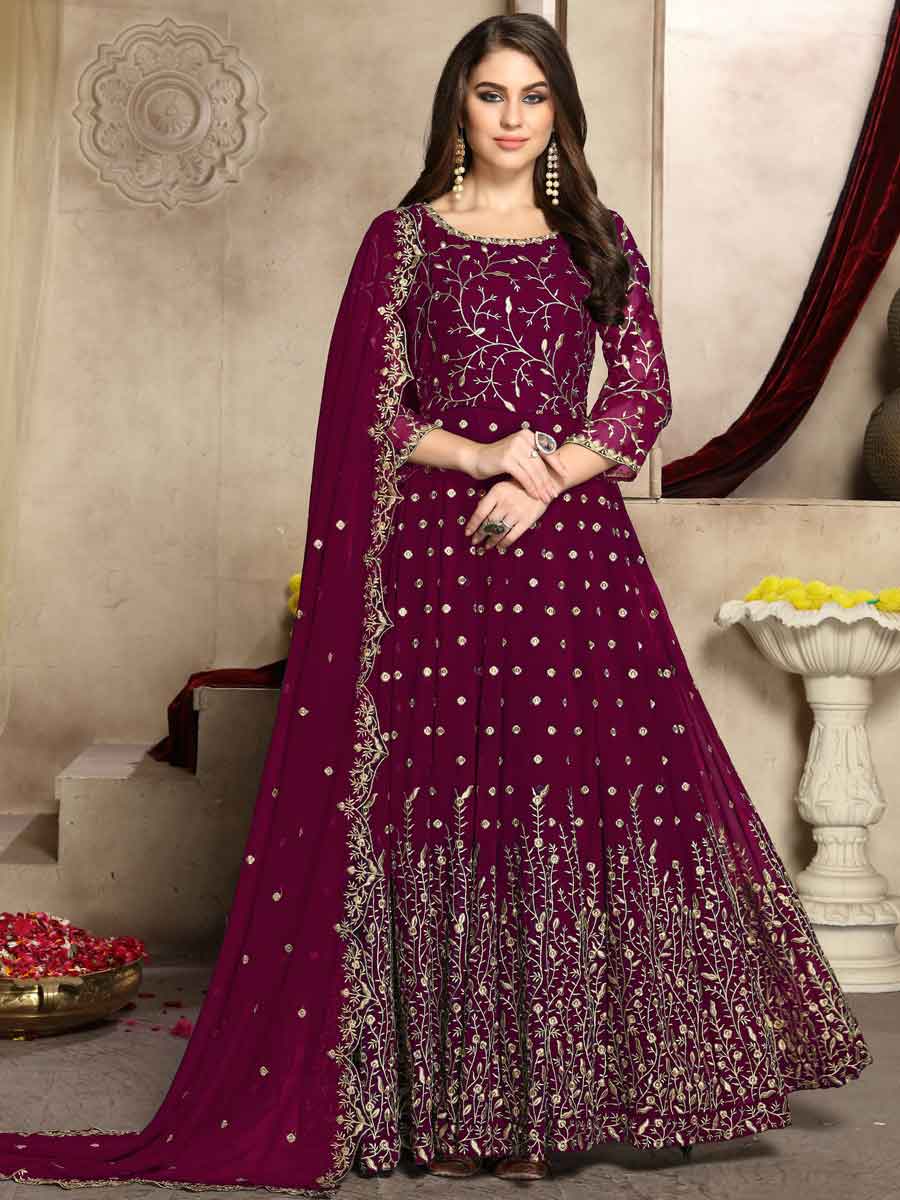 Wine Red Faux Georgette Embroidered Party Lawn Kameez