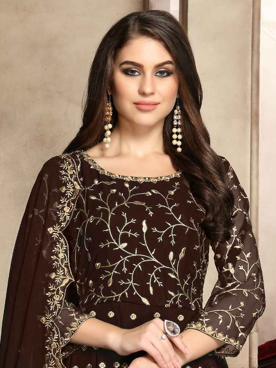 Seal Brown Faux Georgette Embroidered Party Lawn Kameez