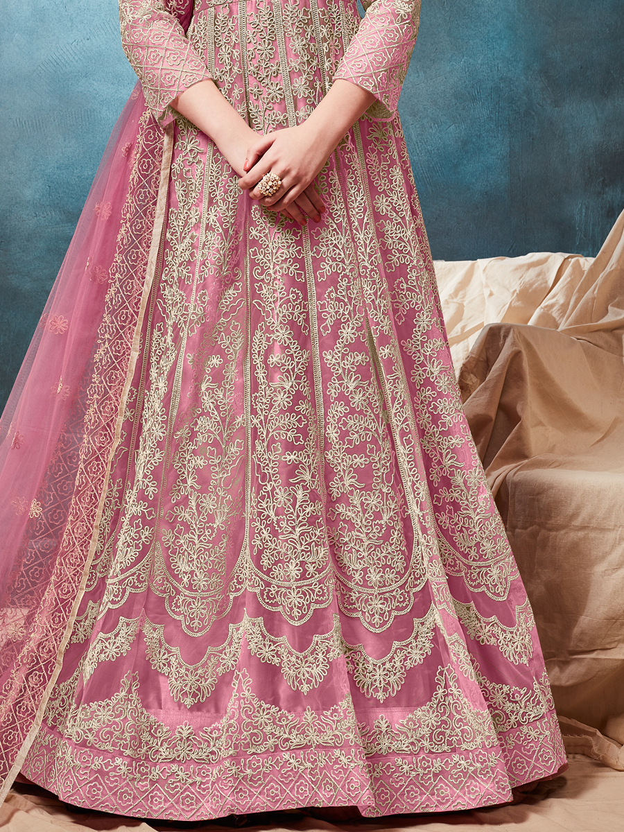 Thulian Pink Net Embroidered Party Lawn Kameez