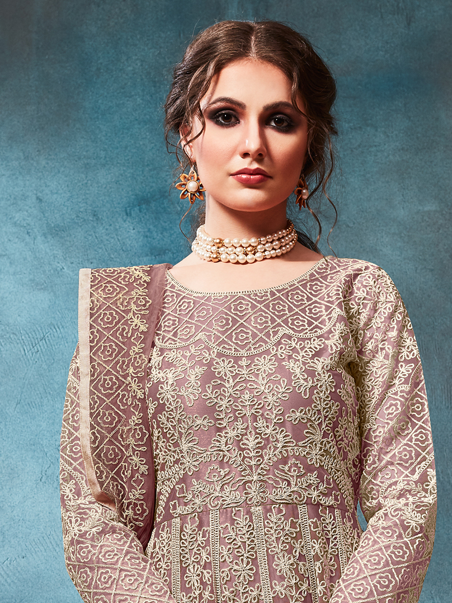 Puce Pink Net Embroidered Party Lawn Kameez