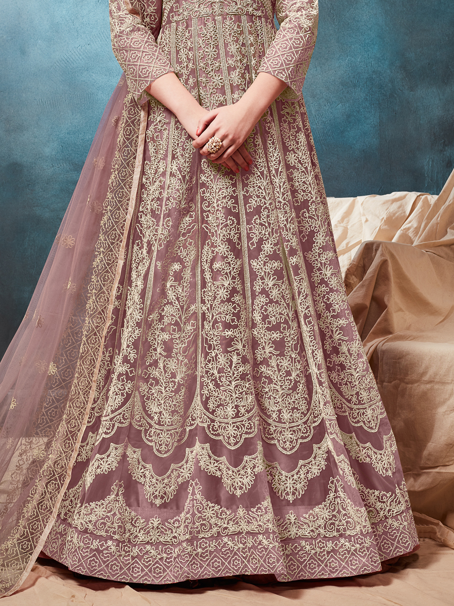 Puce Pink Net Embroidered Party Lawn Kameez