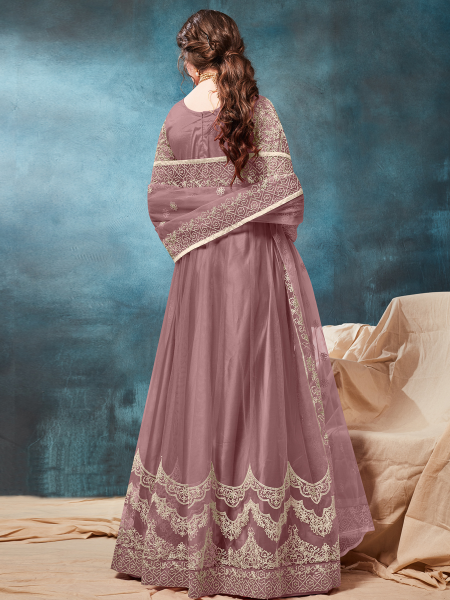 Puce Pink Net Embroidered Party Lawn Kameez
