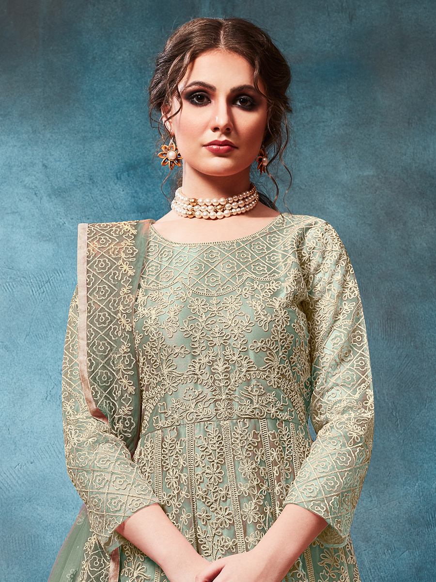 Celadon Green Net Embroidered Party Lawn Kameez