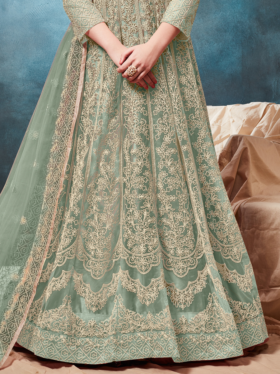 Celadon Green Net Embroidered Party Lawn Kameez