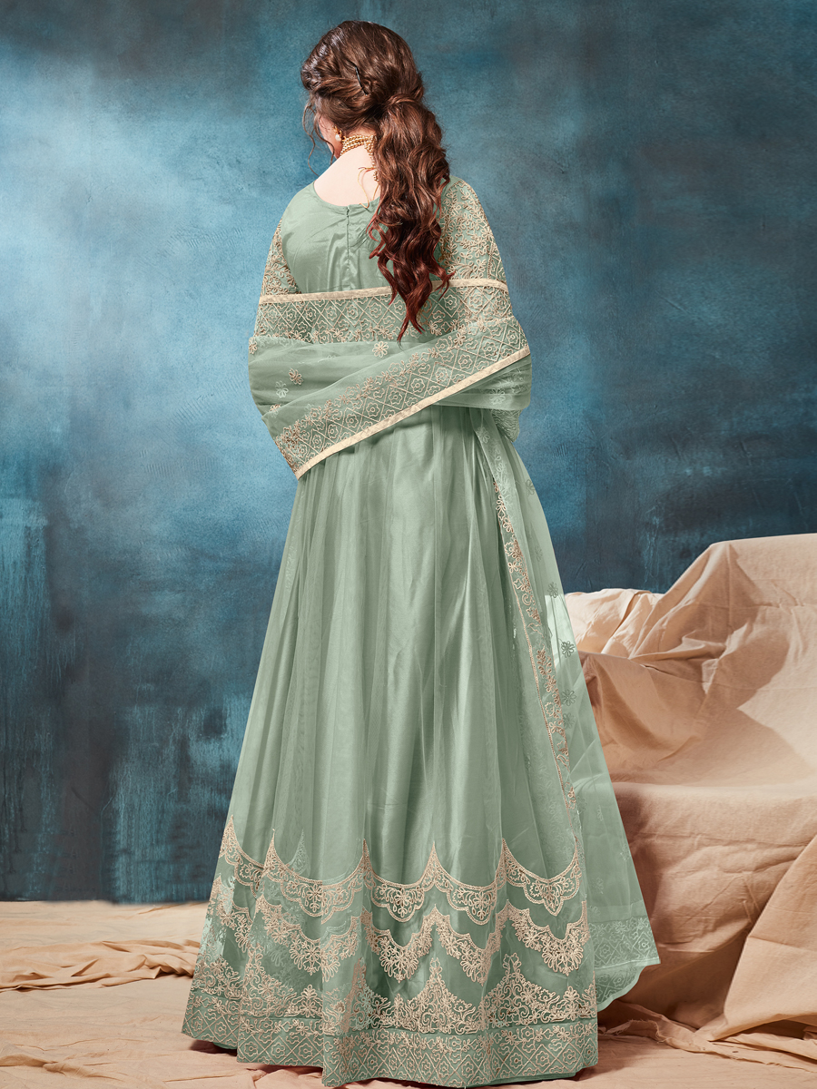 Celadon Green Net Embroidered Party Lawn Kameez