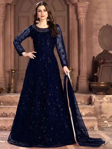 Navy Blue Net Embroidered Party Lawn Kameez