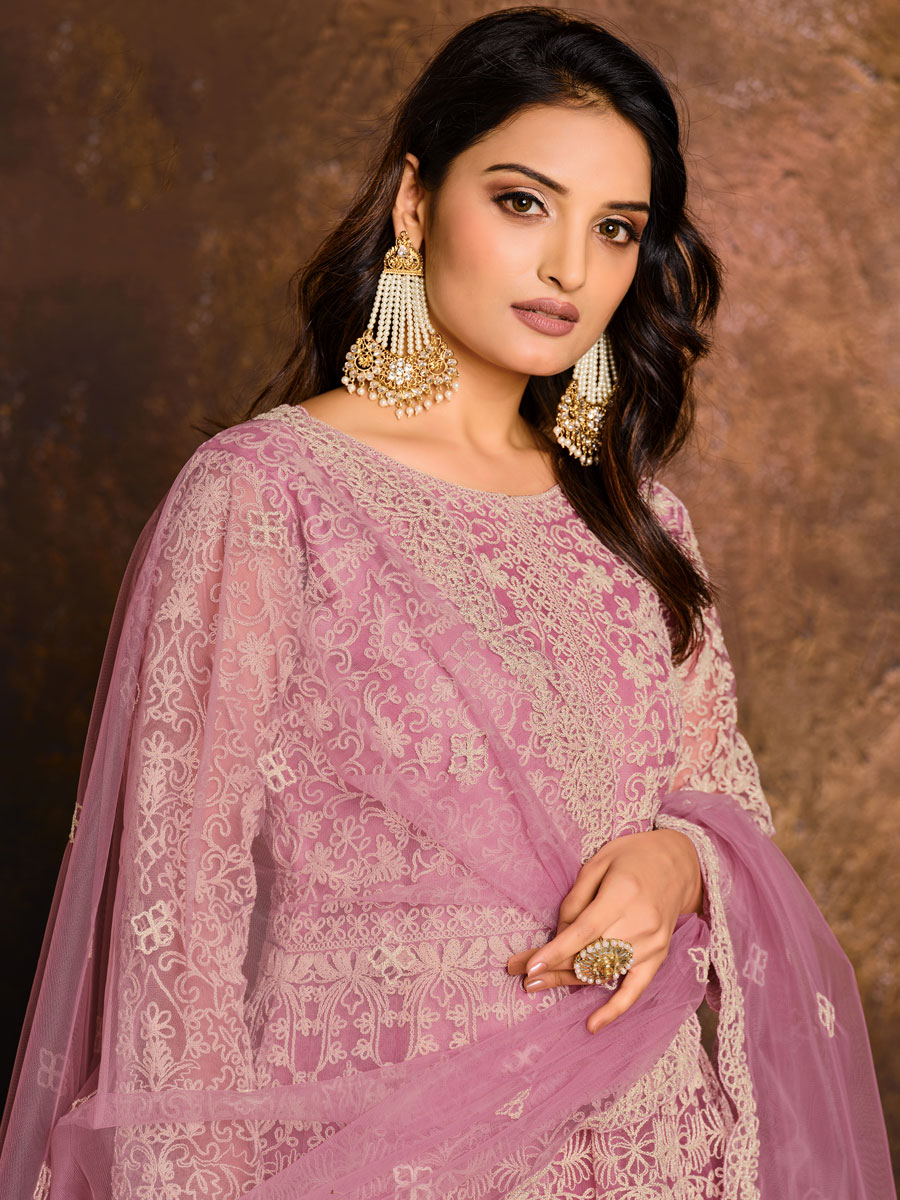 Lavender Pink Net Embroidered Festival Lawn Kameez