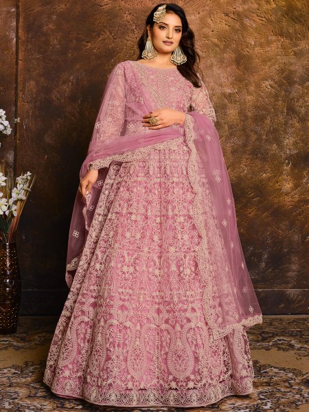 Lavender Pink Net Embroidered Festival Lawn Kameez