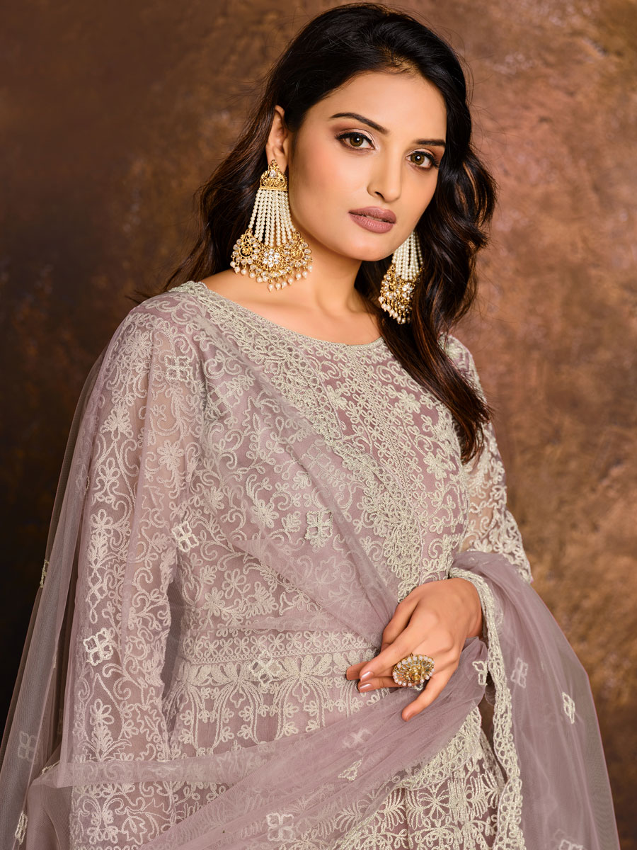 Light Purple Net Embroidered Festival Lawn Kameez