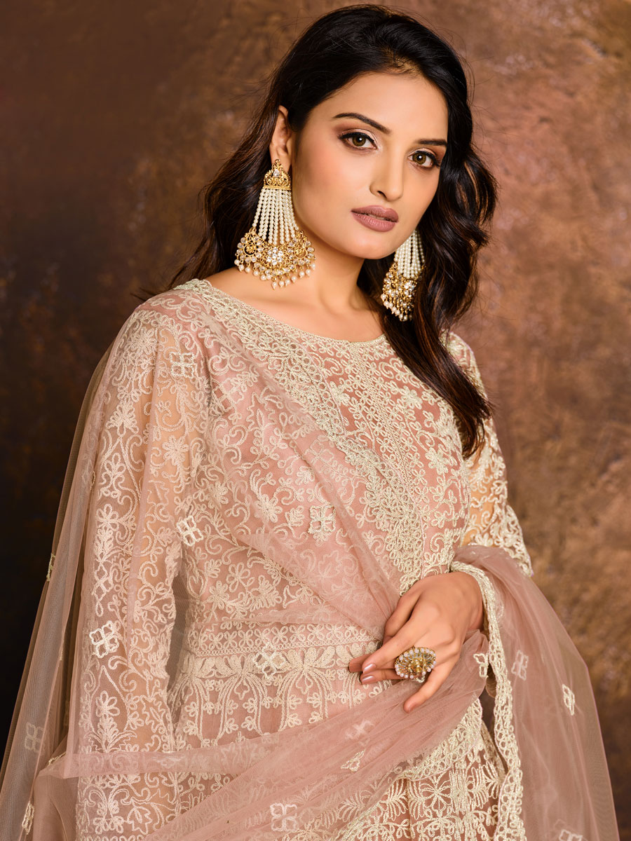 Coral Pink Net Embroidered Festival Lawn Kameez