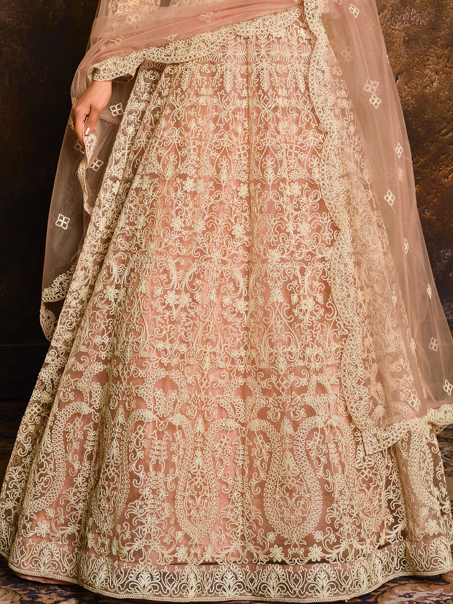 Coral Pink Net Embroidered Festival Lawn Kameez